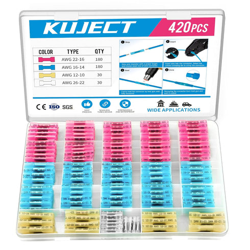 Kuject 420PCS Heat Shrink Butt Connectors, 4 Sizes Insulated Waterproof Wire Connector Kit