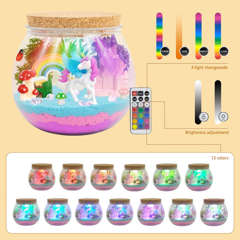 CXXDE 13 5-10 Light-Up Unicorn Terrarium Gifts, DIY Night Light Kit with Remote Control and Lighting Colors, Night