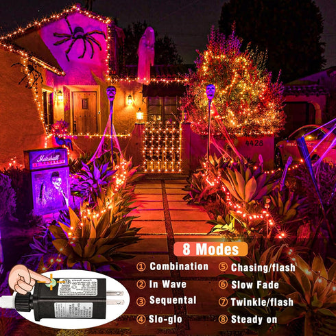 200 LED Halloween Lights, 66ft Orange String Lights, 8 Modes, Plug-in Waterproof for Christmas Halloween Decorations