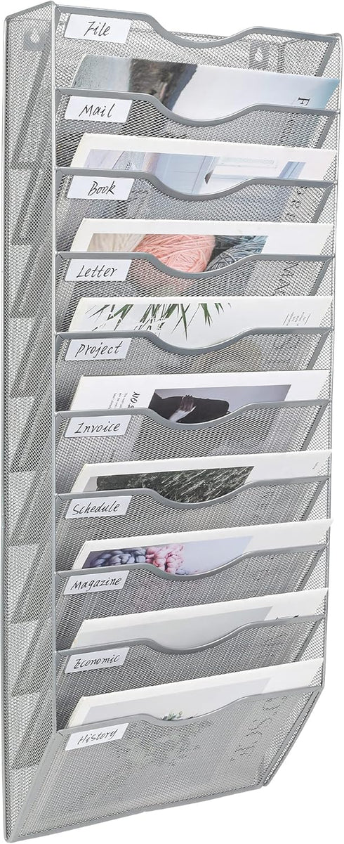 PAG Hanging Wall File Holder Organizer, Mail Sorter Literature Rack for Office with 10 Pockets, Silver