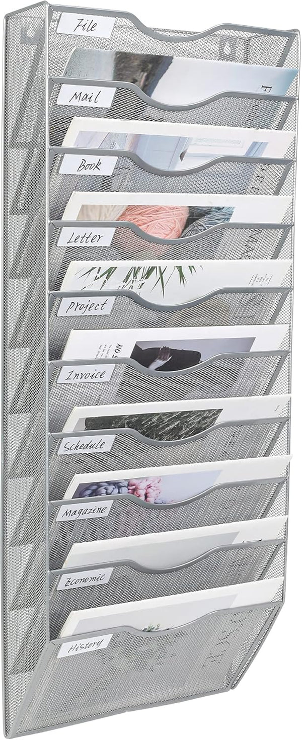 PAG Hanging Wall File Holder Organizer, Mail Sorter Literature Rack for Office with 10 Pockets, Silver