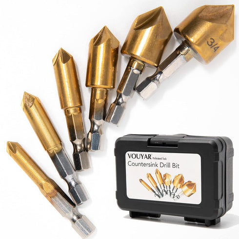6 Pcs Countersink Drill Bit Set with Case, 1/4'' Hex Shank HCS 5 Flute Countersink Tool Sets for Wood