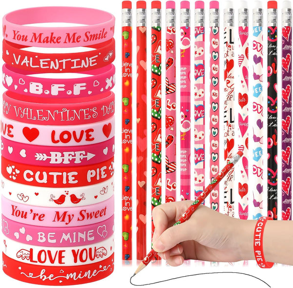 JUNEBRUSHS 72Pcs Valentine's Day Party Favors Set, 36Pcs Valentines Day Pencils with 36Pcs Silicone Bracelets
