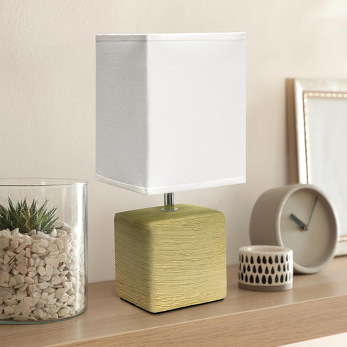 LT1218-BGE 11.81" Simple Designs Mini Cube Faux Stone Ceramic Table Lamp, for Living Room, Bedroom, Office, Beige