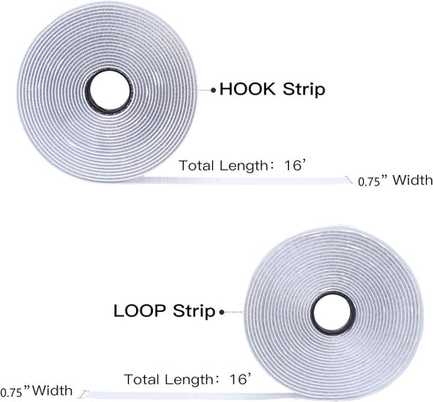 16 Feet Length 0.75 Inch Width Hook and Loop with Strong Self Adhesive Tape Strip - White