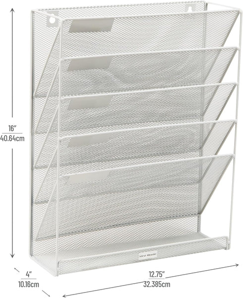 Mind Reader 5-Tier Vertical File Storage Desktop Organizer, Wall Mount, White Metal Mesh
