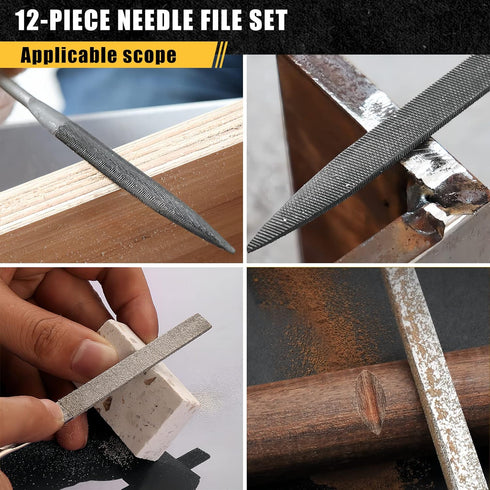 12PCS Needle File Set with Tool Bag, Small File Set includes 6 Jeweler Files & 6 Steel Files for Metal, Wood, Leather