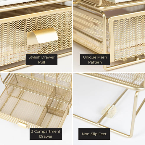 Gold Desk Organizer, Gold Office Accessories Set for Women, Includes Detachable File Organizer, Stackable Paper Tray,