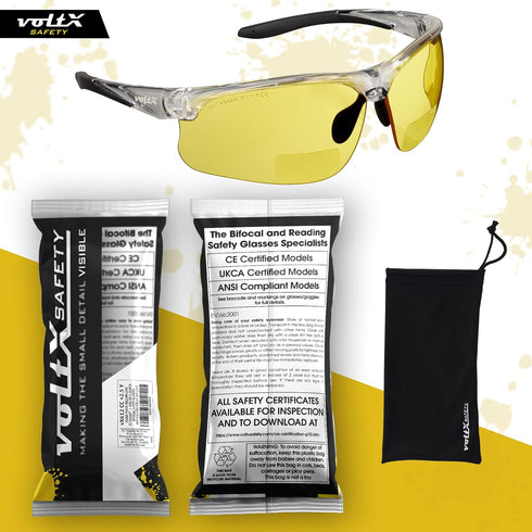 voltX 'Constructor Ultimate' Bifocal Reading Safety Glasses (Clear Frame, Yellow Lens +2.5 Dioptre) CE EN166FT Certified - Premium Cycling Sports Bifocals - Anti Fog Coated UV400 Lens
