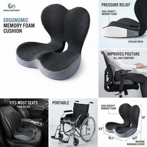SOWAXGO Memory Foam Seat Cushion for Office Chair & Car Seat, Ergonomic Coccyx Cushion for Pressure Relief & Back