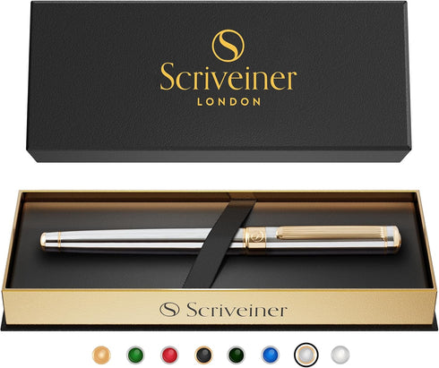 Scriveiner Silver Chrome Rollerball Pen - Luxury Pen with Real Gold Plating, Best Gift Set