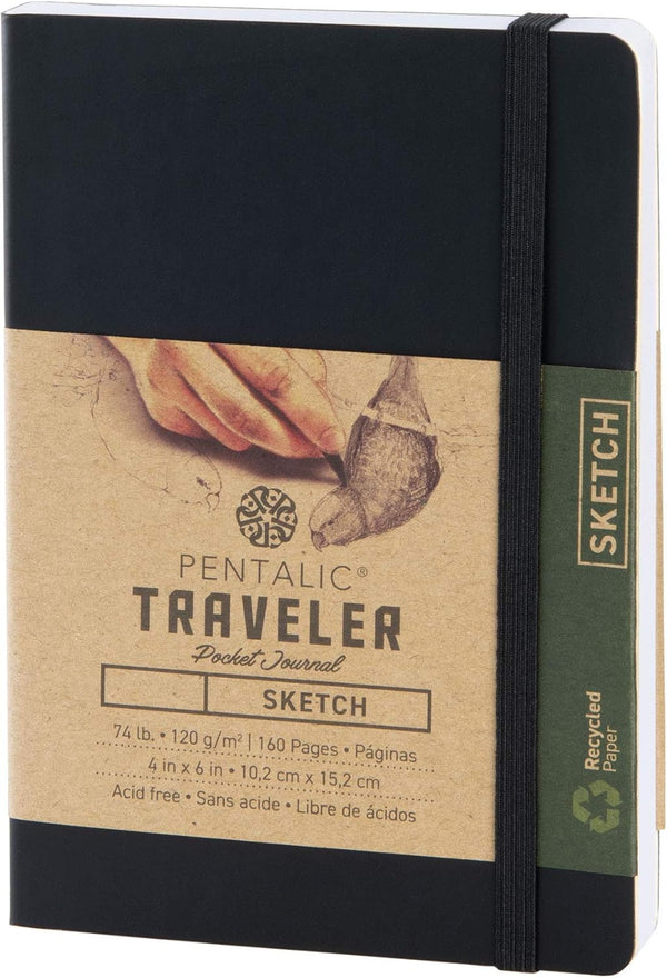 Pentalic 4" x 6" Pocket Sketchbook Traveler Journal - 160 Pages, Black