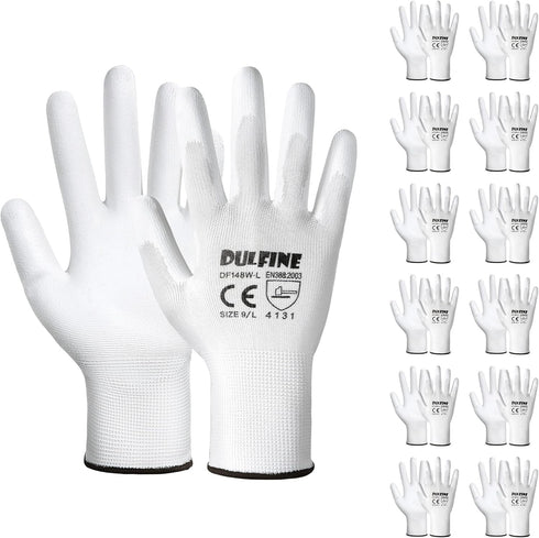 DULFINE Safety Work Gloves - 12 Pairs PU Coated White Seamless Knit Gloves for General Duty Work