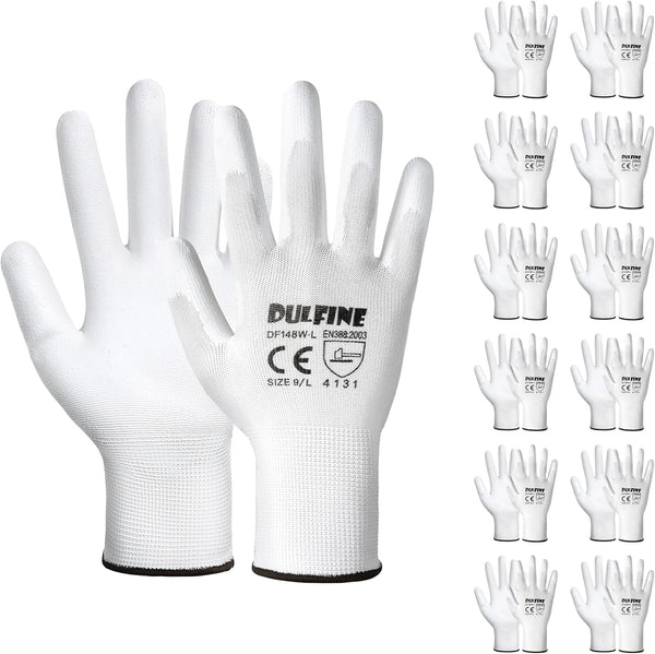 DULFINE Safety Work Gloves - 12 Pairs PU Coated White Seamless Knit Gloves for General Duty Work