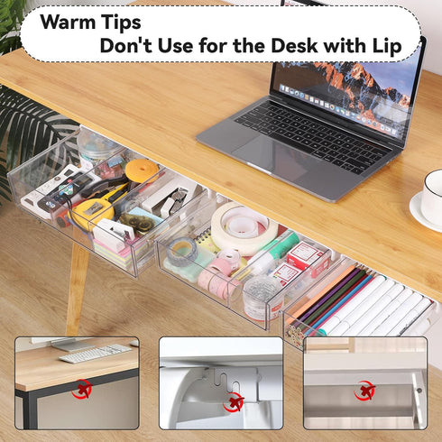 OTraki 3 Packs Under Desk Drawer Organizer, Clear Plastic Storage with Slide Out Drawer, Self-Adhesive