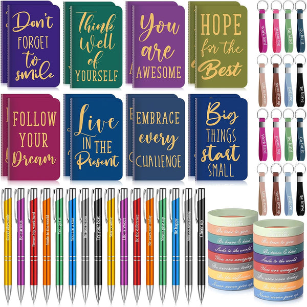 PerKoop 64 Pcs Inspirational Gifts, Motivational Notebooks, Ballpoint Pens, Positive Wristbands for Teachers