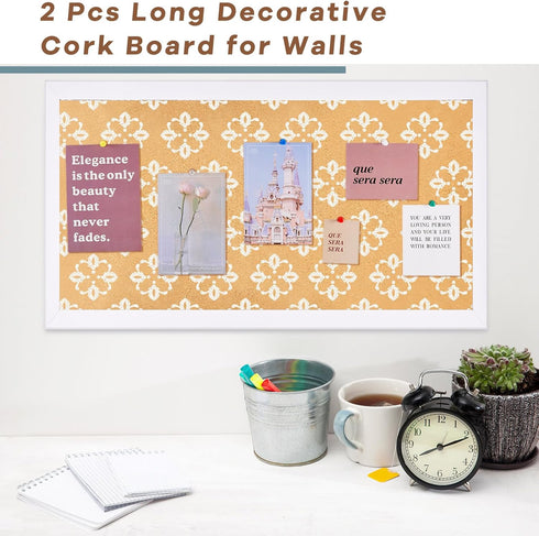 Sintuff 2 Pcs Framed Bulletin Board, Long Decorative Cork Board for Walls, Floral Print Vision Board