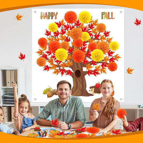 Buryeah 91 Pieces Spring 3D Big Bulletin Board Tree Decoration Set, 47'' x 46'' Tree Background with Pom Poms for Party