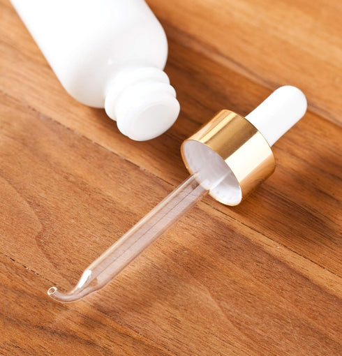 JUVITUS 1 oz Opal White Glass Boston Round Bottle with Gold Metal Dropper, 12 Pack + Funnel