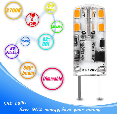 Dimmable G8 LED Light Bulbs 3W Equivalent 20W 25W Halogen 2700K Warm White 300lm AC120V T4 JCD Type Bi-Pin G8 Base for Under Cabinet Counter Puck Kitchen Lighting, No Flicker, 10 Pack by Heifymi