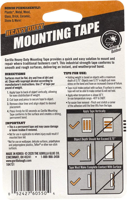 Gorilla Heavy Duty Double Sided Mounting Tape; Weatherproof; Black; 1" x 60" (Pack of 1)