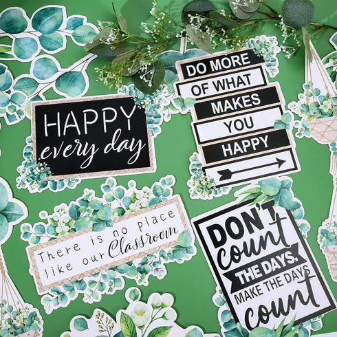 Whaline 29 Pieces Eucalyptus Bulletin Board Set, Welcome Banner and Boho Greenery Calendar Cutout Decorations for