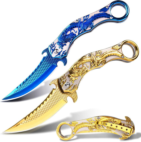 Pocket Knife for Men, Cool Folding Knife with 3D Dragon Relief, Great EDC Gift for Outdoor Survival Camping