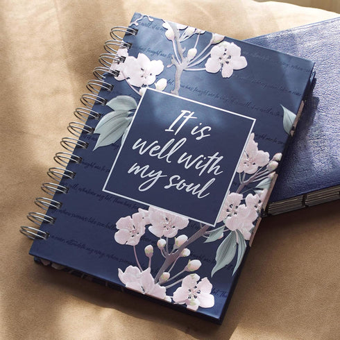 Inspirational Spiral Journal Notebook for Women, It is Well, Navy Blue Floral, 192 Ruled Pages, Large Hardcover