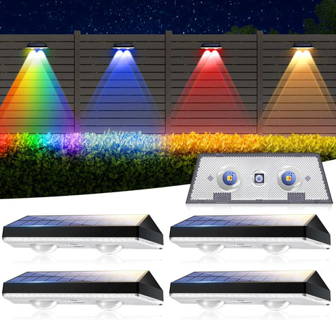 Solar Fence Lights Outdoor, Waterproof LED,RGB Color Mode 6 Solid Monochrome, SolarPowered