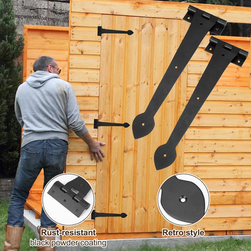 2 Pack 15 Inch Heavy-Duty T-Shape Strap Hinge with Screw Black Powder Coated Wrought Iron Spade Tip Strap Door Gate