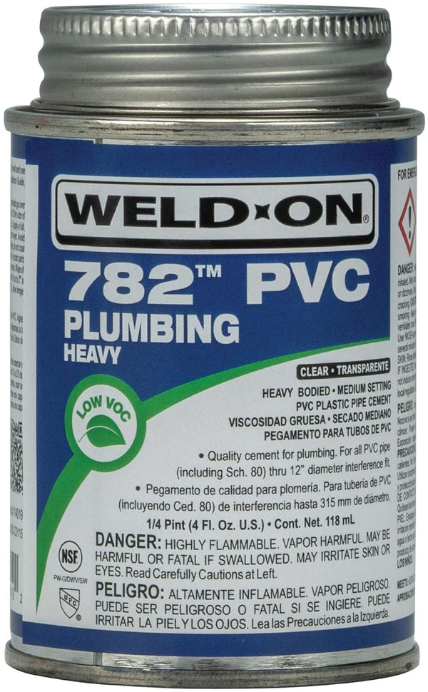 Weld-On 14019 782 PVC Heavy-Bodied Plumbing Solvent Cement, Medium-Setting and Low-VOC, Clear, 1/4 Pint