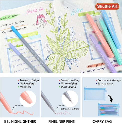 Bible Highlighters and Pens Kit, 22 Pack No Bleed, 10 Colors Gel Highlighters, 12 Colors Fineliner Pens with Storage Bag