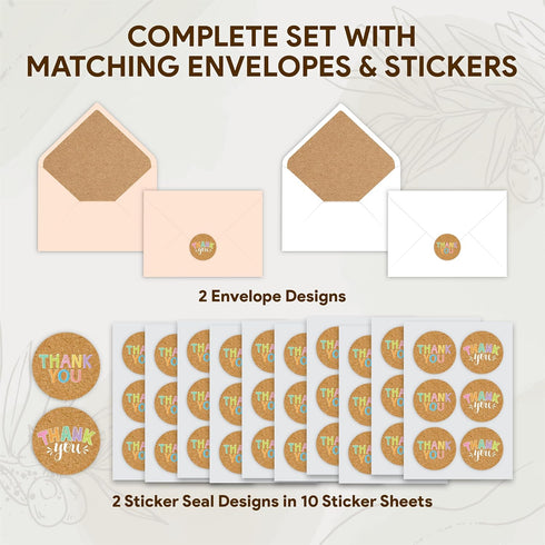 60 Pack 6x4in 10 Decorably Rustic Thank You Cards Bulk with Envelopes & Stickers, Folded Cute Kraft & Pastel Designs