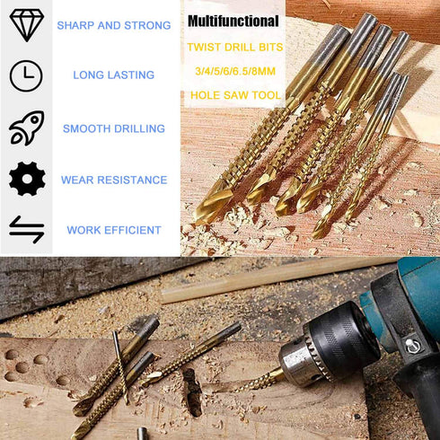 Titanium Coated HSS Twist Drill Bits - 6pcs, 3-8mm Serrated Grooving Cutting Tool for Wood, Metal, Plastic