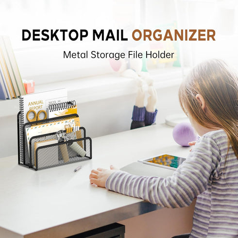 SUPEASY Mail Organizer for Desk, Mesh Metal Mail Holder with 3-Slot Letter Sorter for Office, Black