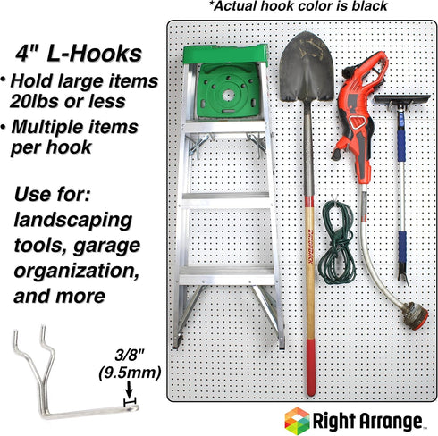 25-Pack 4" Steel Pegboard Hooks L Hook, Black - Will Not Fall Out, Fits Any Peg Board - Organize Tools, Accessories