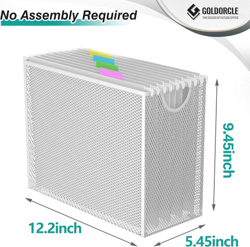 White Hanging File Organizer Box, Metal Mesh Frame with 5 Letter-size Hanging Folders