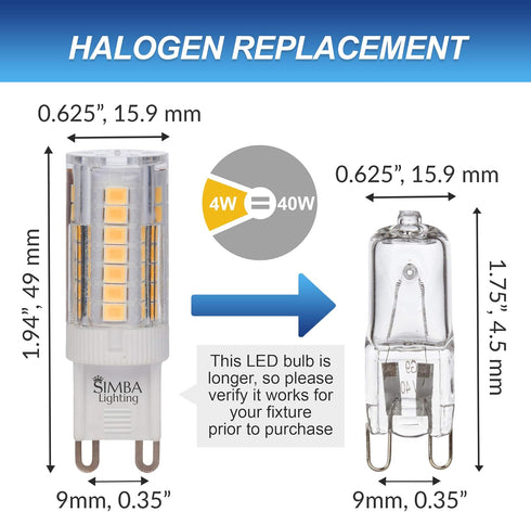 Simba Lighting G9 LED Light Bulb 4W T4 40W Halogen Replacement for Pendants Ceiling Lights, 5 Pack