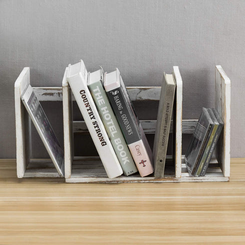 MyGift Rustic Whitewashed Wood Expandable Desktop Bookshelf/Adjustable Tabletop Organizer Rack