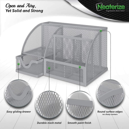 NEATERIZE Grey Desk Organizer, Vibrant Colors Mesh Holder for Pen, Pencil, Small Office Supplies, Dorm & School