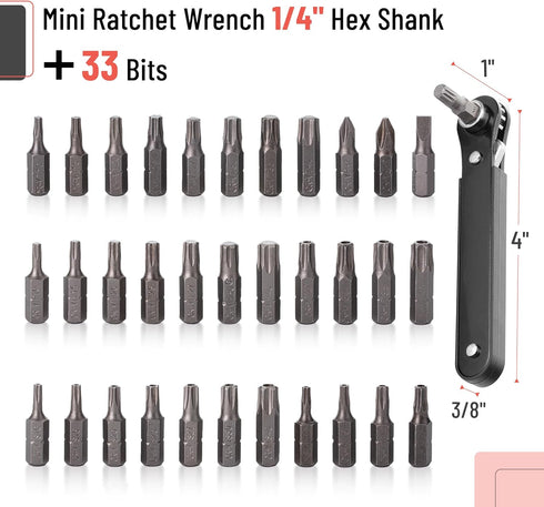 Set, 34 1/4-Inch Set, 90 Bates Choice Mini Ratchet pcs, Drive, Cr-V Steel, Security Bit Right Angle Screwdriver, Degree