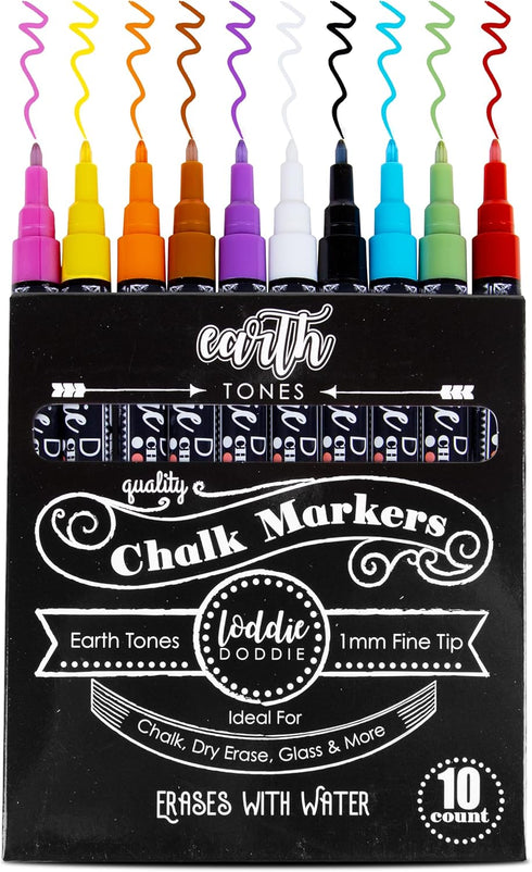 Loddie Doddie Fine Liquid Chalk Markers, 10 Count Erasable, Low-Odor Chalkboard Pens in Earth Tones