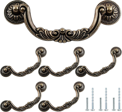 6 Pack Vintage Dresser Drawer Pull Handles, 3-3/4 Inch Hole Center, Yellow Bronze Drop Drawer Handles