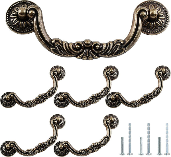6 Pack Vintage Dresser Drawer Pull Handles, 3-3/4 Inch Hole Center, Yellow Bronze Drop Drawer Handles