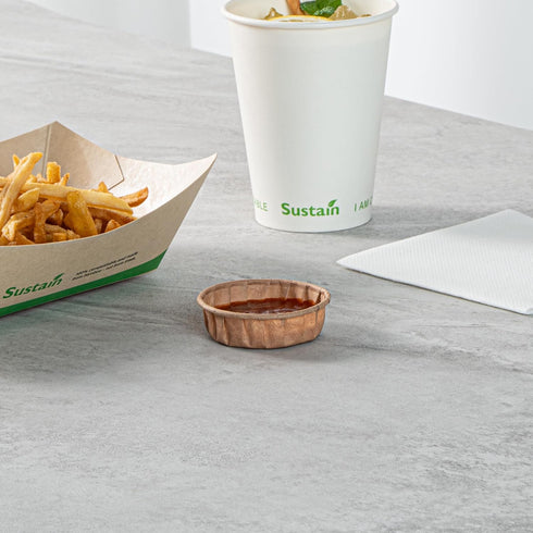 1 100 Restaurantware-Sustain Ounce Portion Cups, Disposable Condiment Cups - Compostable, Versatile, Kraft Paper Sample