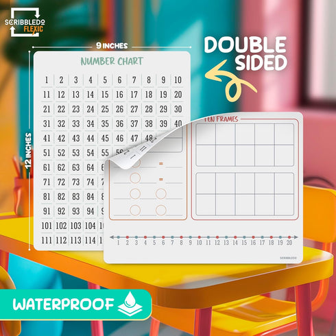 SCRIBBLEDO Bar Model 9”x12” Small White Board, 10 Sheets Dry Erase Math Manipulatives Number Chart for Classroom