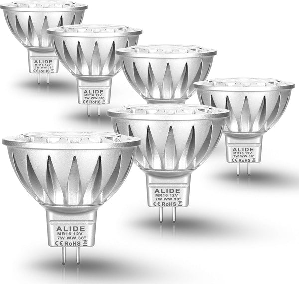 ALIDE MR16 7W LED Bulbs, 12V Low Voltage, 2700K Warm White, GU5.3 MR16 600lm, 50W-75W Halogen Replacement, 6 Pack