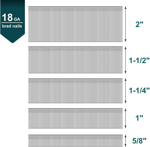 Toicann 18 Gauge Galvanized Brad Nails (2", 1-1/2", 1-1/4", 1", 5/8") 18 GA Universal Nail Gun Nails (1000)