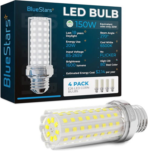 BlueStars 4 Pack 20W E26 E27 LED Corn Light Bulbs, 150W Equivalent, 6500K Cool Daylight White, 1600 Lumens