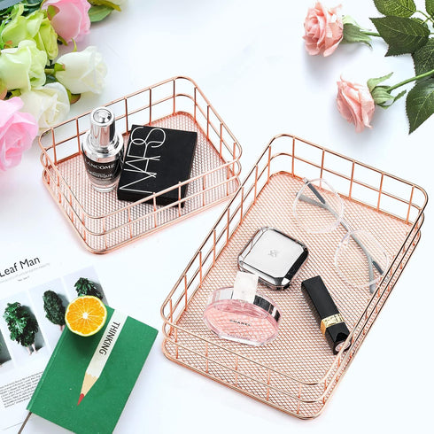 Hacaroa 4 Pack Rose Gold Wire Mesh Basket, Metal Desk Drawer Organizer for Cosmetics, Stationery, and Snacks